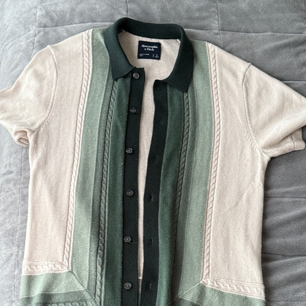 Men's Border Stripe Button Through Sweater Polo Green Pattern